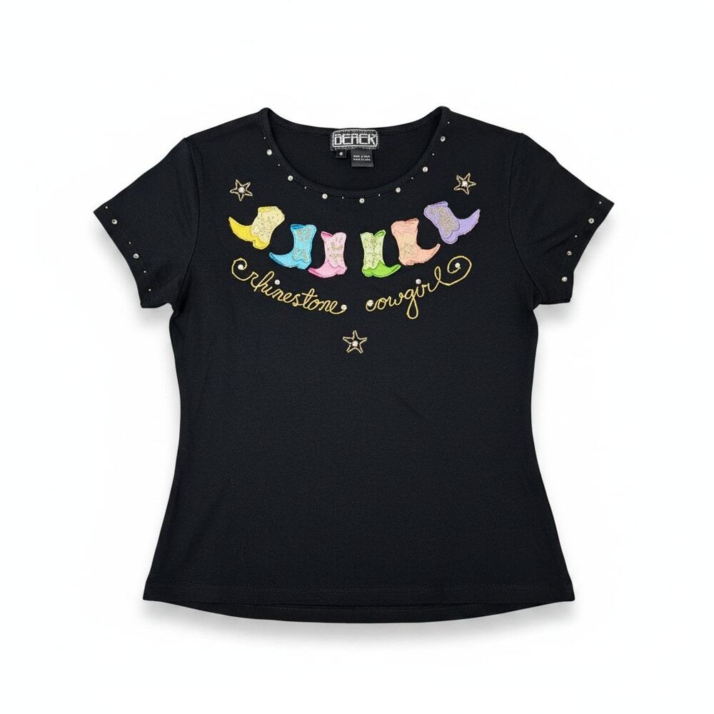 Vintage 90s Berek Rhinestone Cowgirl Boot T Shirt Black Rainbow Western Casual